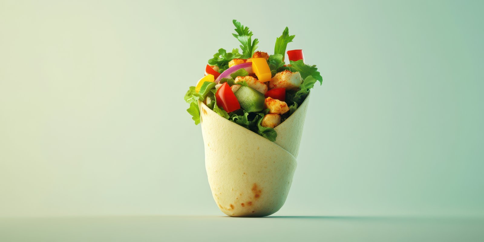 Colorful vegetable wrap filled with fresh ingredients displayed on a solid background